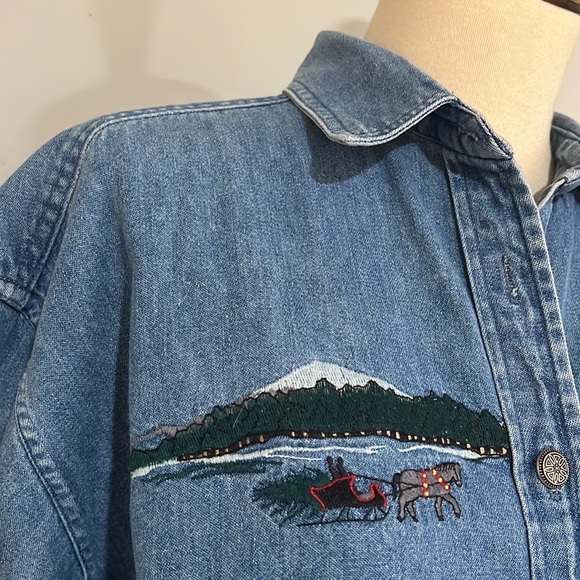 Vintage long sleeve button down embroidered denim top women’s sz M, as is - Picture 3 of 11